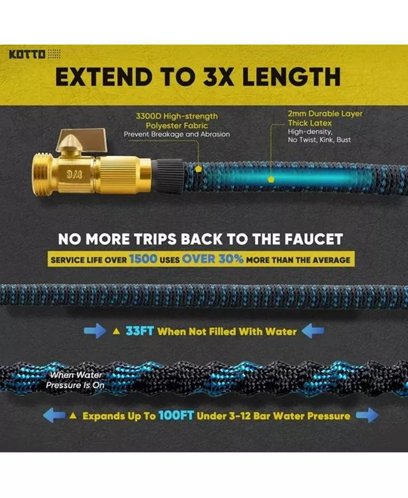 25' Expandable Water Garden Hose: 10 Spray Nozzles, Solid Brass Connector, Leak-Proof Design
