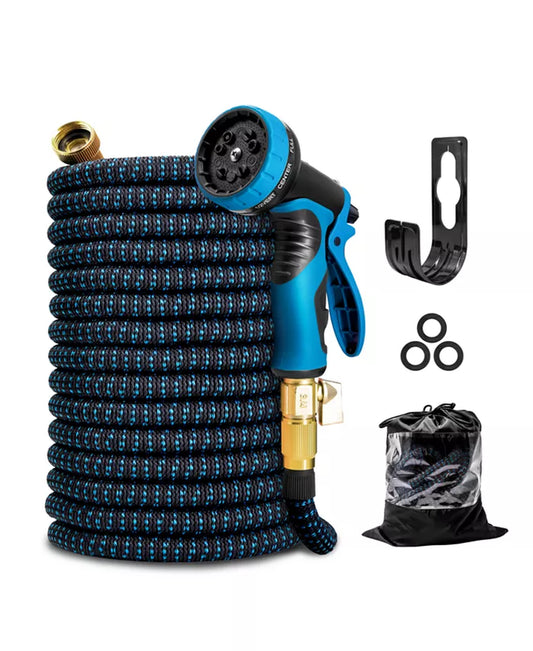 25' Expandable Water Garden Hose: 10 Spray Nozzles, Solid Brass Connector, Leak-Proof Design