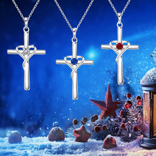 Amoraime 925 Sterling Silver Cross Necklace - 14K Gold Plated Birthstone & 5A CZ Rose Gold Jewelry for Easter & Christmas Gifts for Him & Her