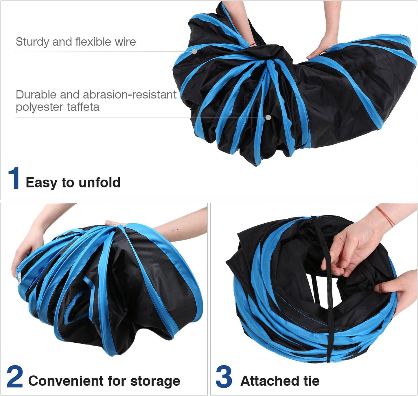 PAWABOO 4-Way Cat Tunnel - Premium Collapsible Play Maze with Pompons & Bells for Cats, Kittens, and Small Pets - Stylish Black & Light Blue Design