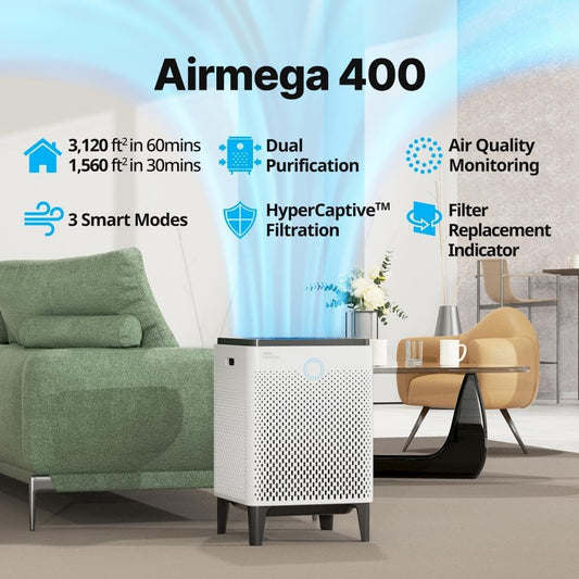 Coway AP-2015F Airmega 400 Smart Air Purifier - Powerful HEPA Filtration for Large Spaces (1,560 Sq. Ft.) - Advanced Smart Technology - Sleek White Design