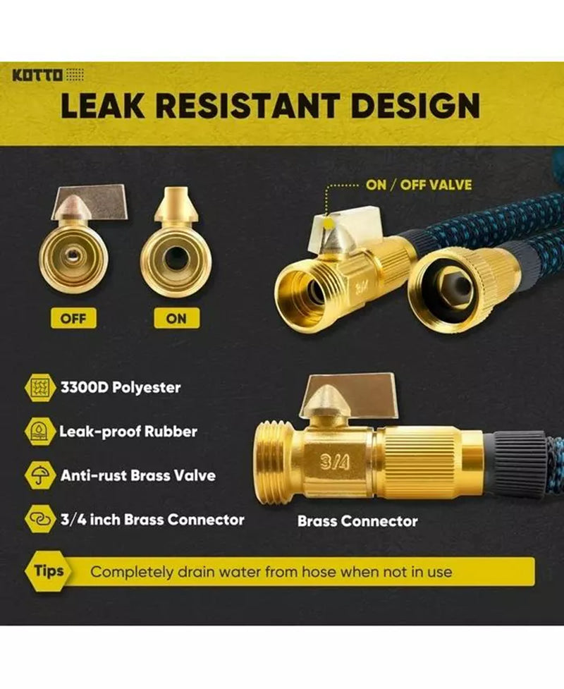 25' Expandable Water Garden Hose: 10 Spray Nozzles, Solid Brass Connector, Leak-Proof Design