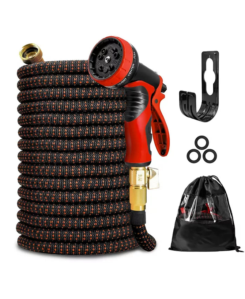 25' Expandable Water Garden Hose: 10 Spray Nozzles, Solid Brass Connector, Leak-Proof Design