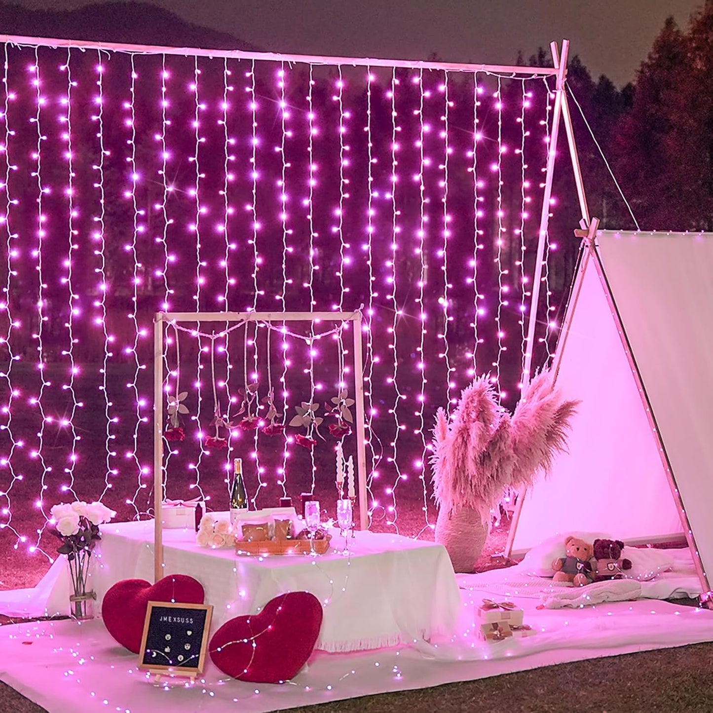 Enchanting JMEXSUSS 300 LED Pink Curtain Lights with Remote - 9.8x9.8FT Indoor String Lights for Bedroom, Party, and Holiday Decor - 8 Modes for Christmas and Valentine's Day Magic