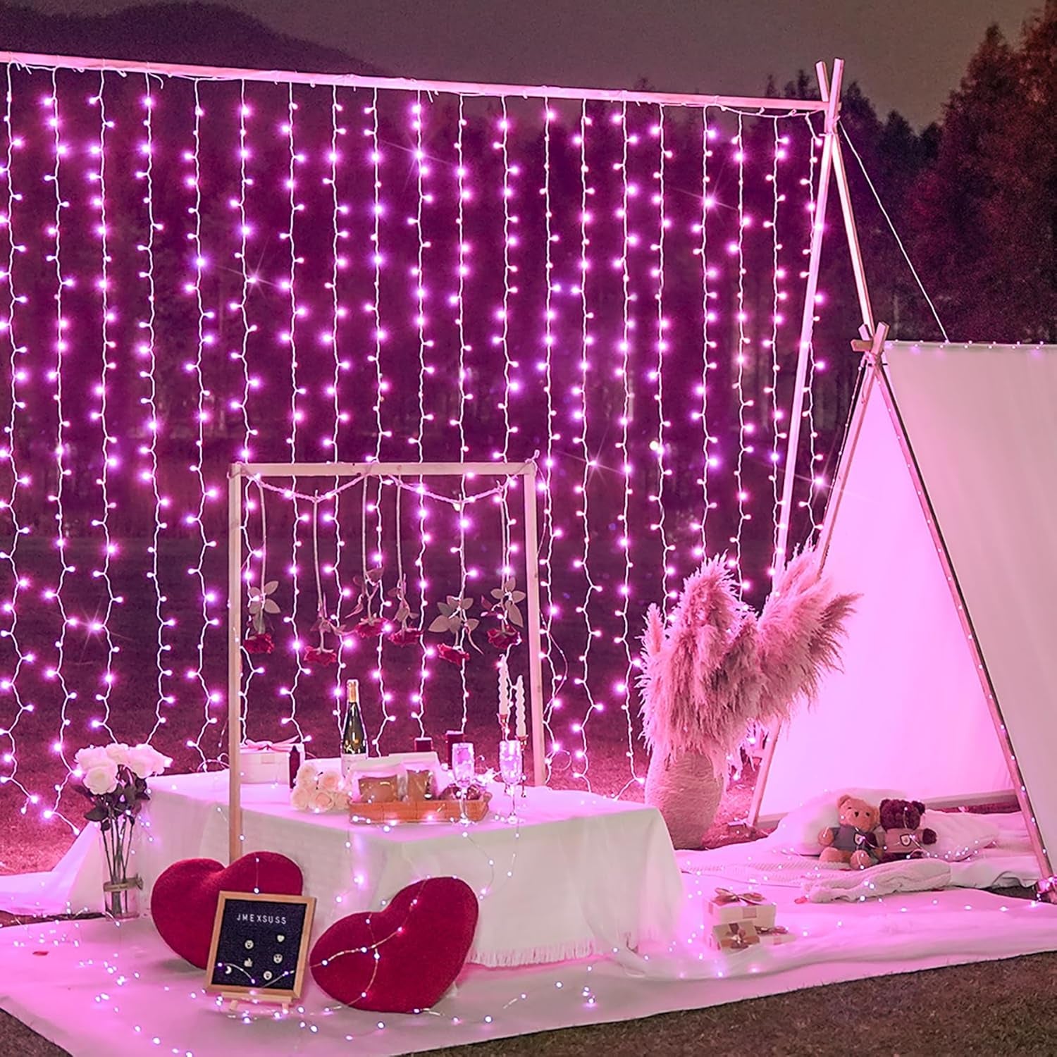 Enchanting JMEXSUSS 300 LED Pink Curtain Lights with Remote - 9.8x9.8FT Indoor String Lights for Bedroom, Party, and Holiday Decor - 8 Modes for Christmas and Valentine's Day Magic