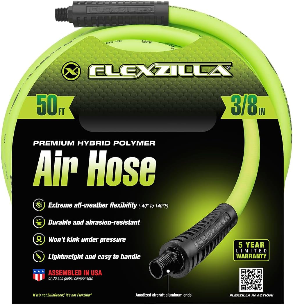 Flexzilla 3/8" x 50' Heavy Duty Lightweight Hybrid Air Hose with 1/4" MNPT Fittings - Zillagreen