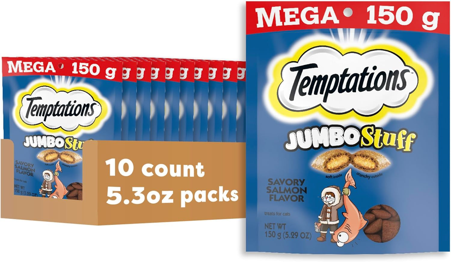 Temptations Jumbo Stuff Cat Treats - Savory Salmon Flavor, 5.3 Oz Pouch (Pack of 10) - Irresistibly Crunchy & Soft!