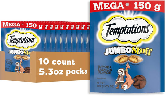 Temptations Jumbo Stuff Cat Treats - Savory Salmon Flavor, 5.3 Oz Pouch (Pack of 10) - Irresistibly Crunchy & Soft!