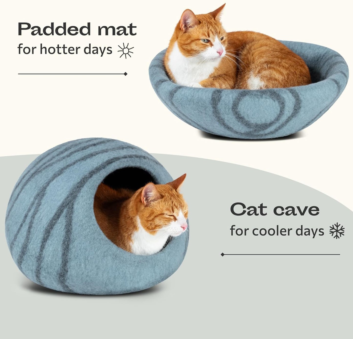 MEOWFIA Premium Aquamarine Cat Cave - Handmade 100% Merino Wool Bed for Indoor Cats (Medium)