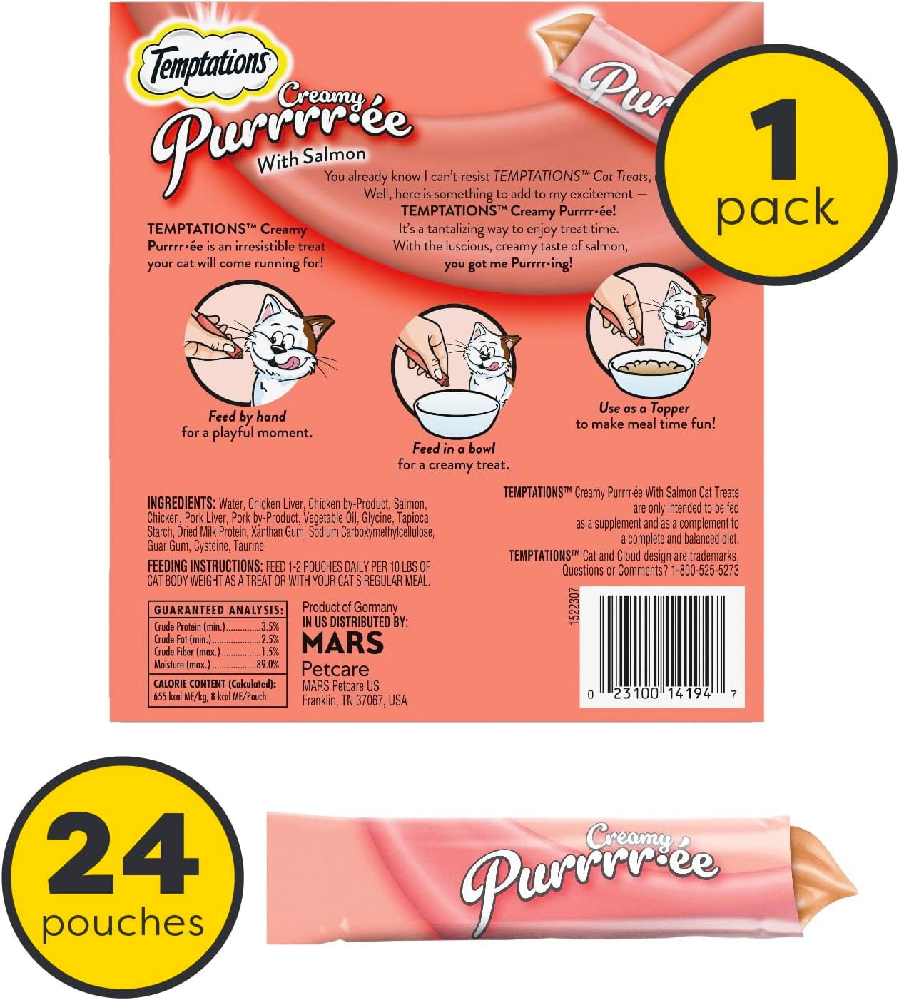 Indulge Your Cat with Temptations Creamy Salmon Puree Treats - 24 Squeezable & Lickable Tubes!