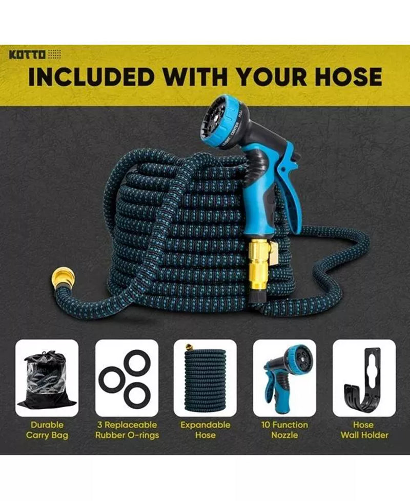 25' Expandable Water Garden Hose: 10 Spray Nozzles, Solid Brass Connector, Leak-Proof Design