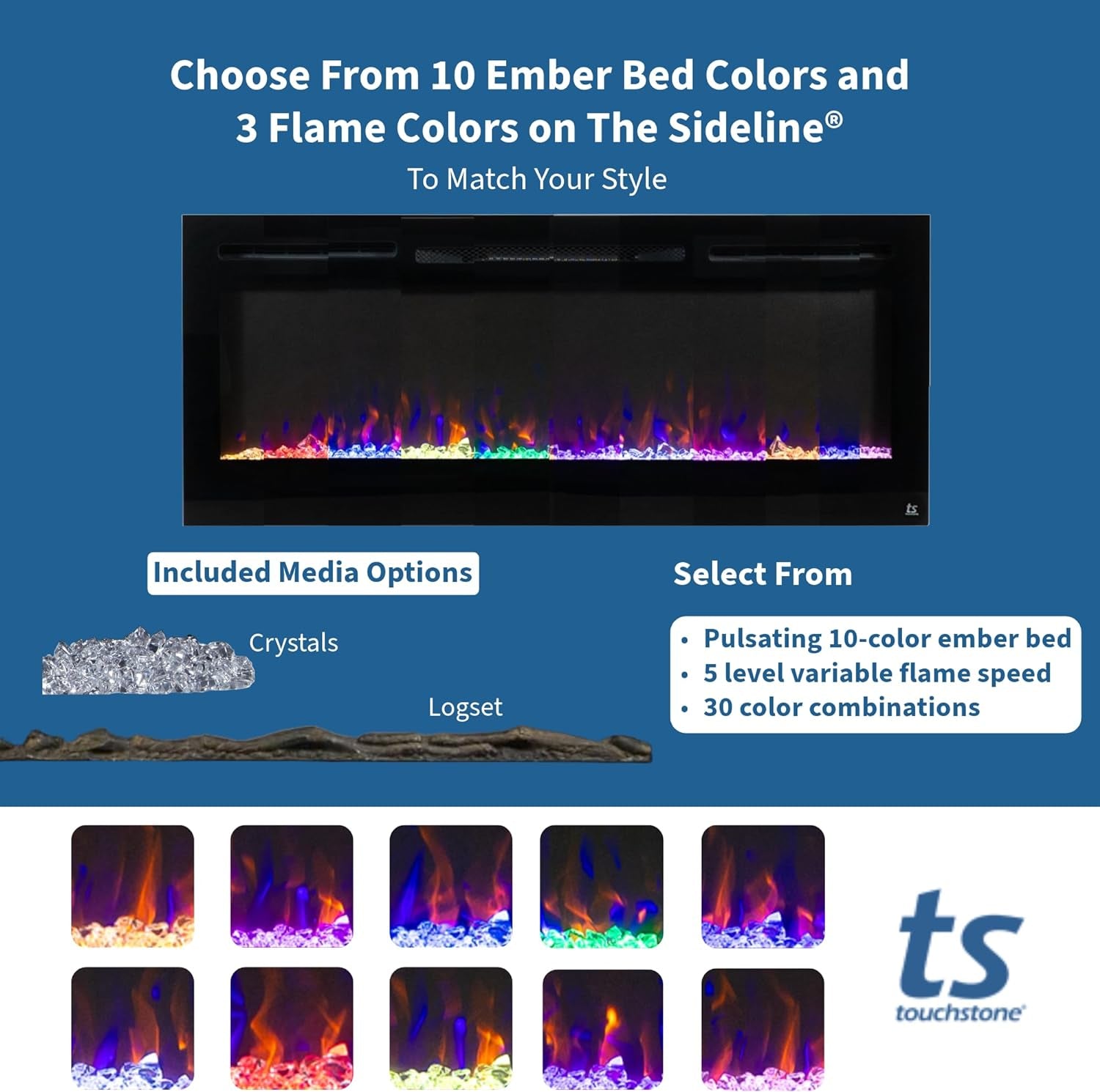 Touchstone Sideline 36" Smart Electric Fireplace - WiFi & Alexa Enabled with 30 Ember/Flame Colors, 1,500W Heater, and Customizable Log & Crystal Hearth Options