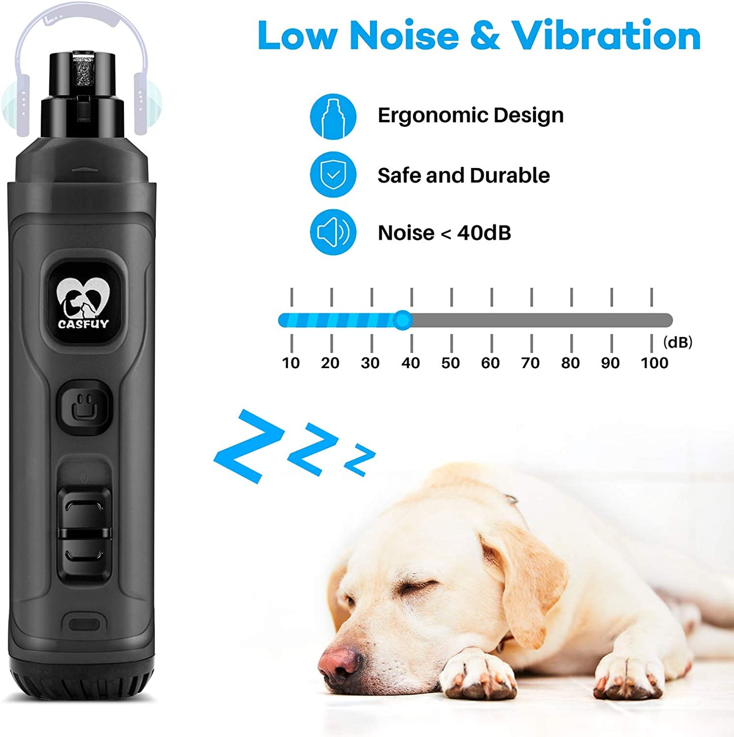 Casfuy 2-Speed Electric Dog Nail Grinder with LED Light - Professional & Quiet Pet Nail Trimmer for All Sizes of Dogs and Cats (Grey)
