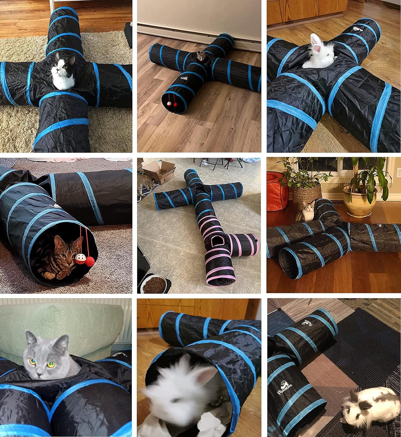PAWABOO 4-Way Cat Tunnel - Premium Collapsible Play Maze with Pompons & Bells for Cats, Kittens, and Small Pets - Stylish Black & Light Blue Design