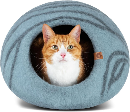 MEOWFIA Premium Aquamarine Cat Cave - Handmade 100% Merino Wool Bed for Indoor Cats (Medium)
