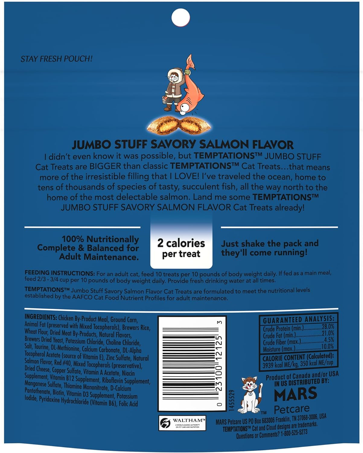 Temptations Jumbo Stuff Cat Treats - Savory Salmon Flavor, 5.3 Oz Pouch (Pack of 10) - Irresistibly Crunchy & Soft!