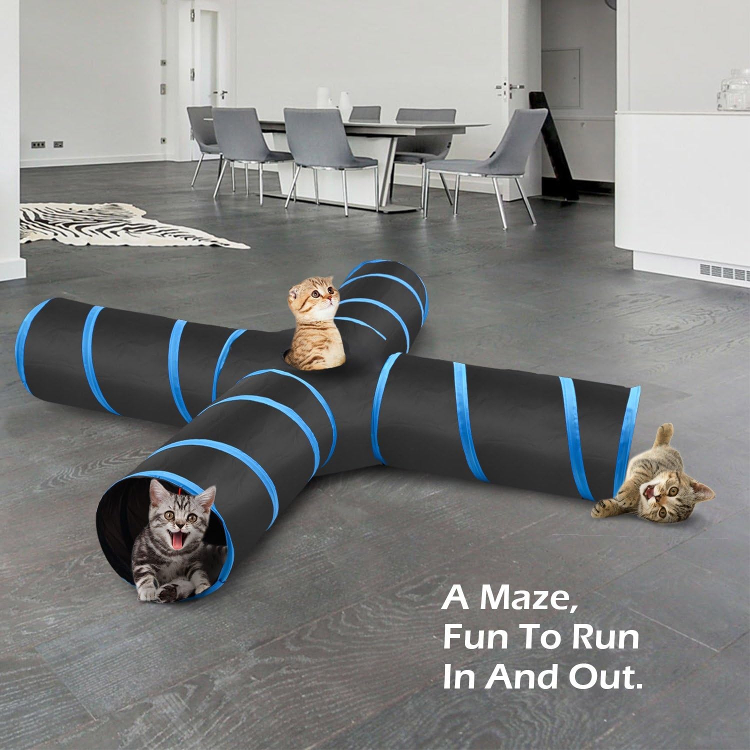 PAWABOO 4-Way Cat Tunnel - Premium Collapsible Play Maze with Pompons & Bells for Cats, Kittens, and Small Pets - Stylish Black & Light Blue Design