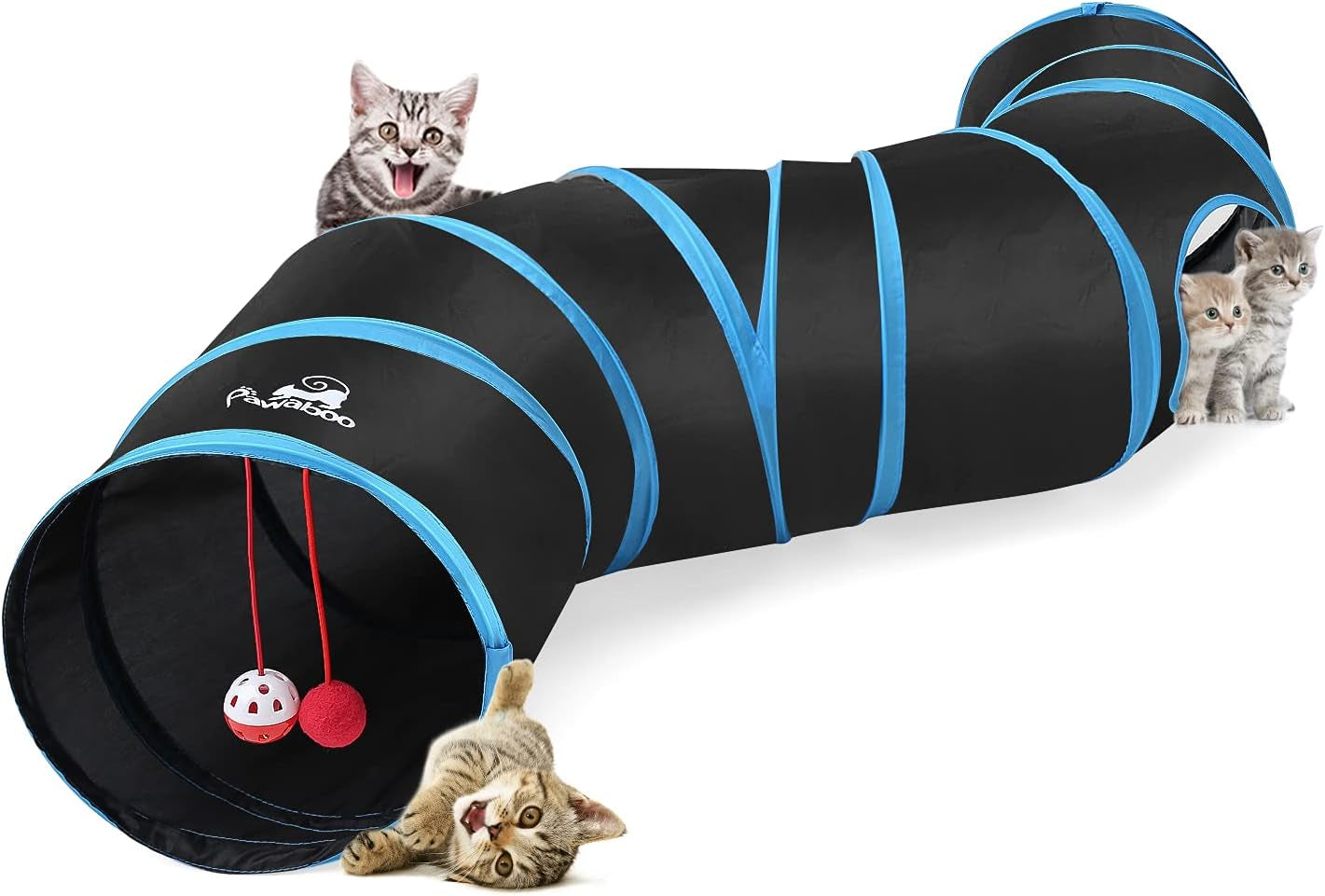 PAWABOO 4-Way Cat Tunnel - Premium Collapsible Play Maze with Pompons & Bells for Cats, Kittens, and Small Pets - Stylish Black & Light Blue Design