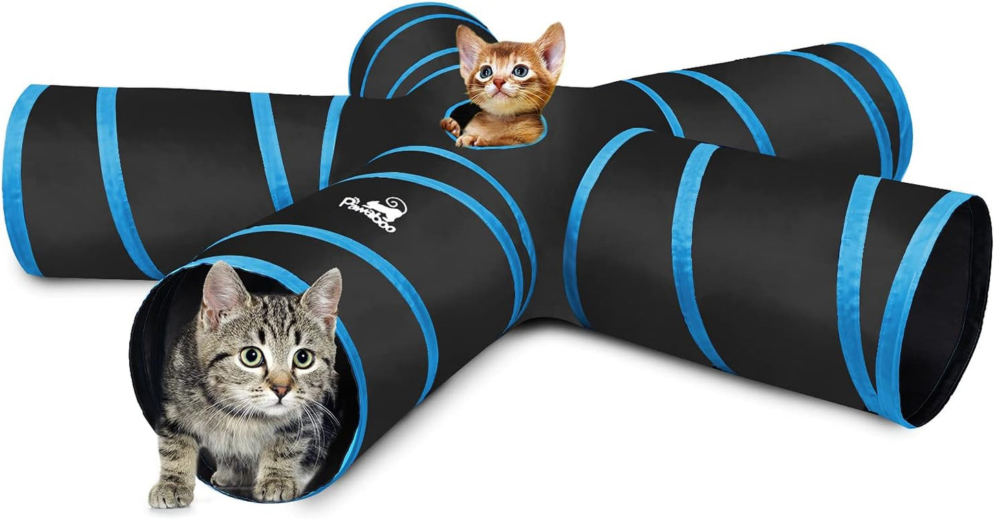PAWABOO 4-Way Cat Tunnel - Premium Collapsible Play Maze with Pompons & Bells for Cats, Kittens, and Small Pets - Stylish Black & Light Blue Design