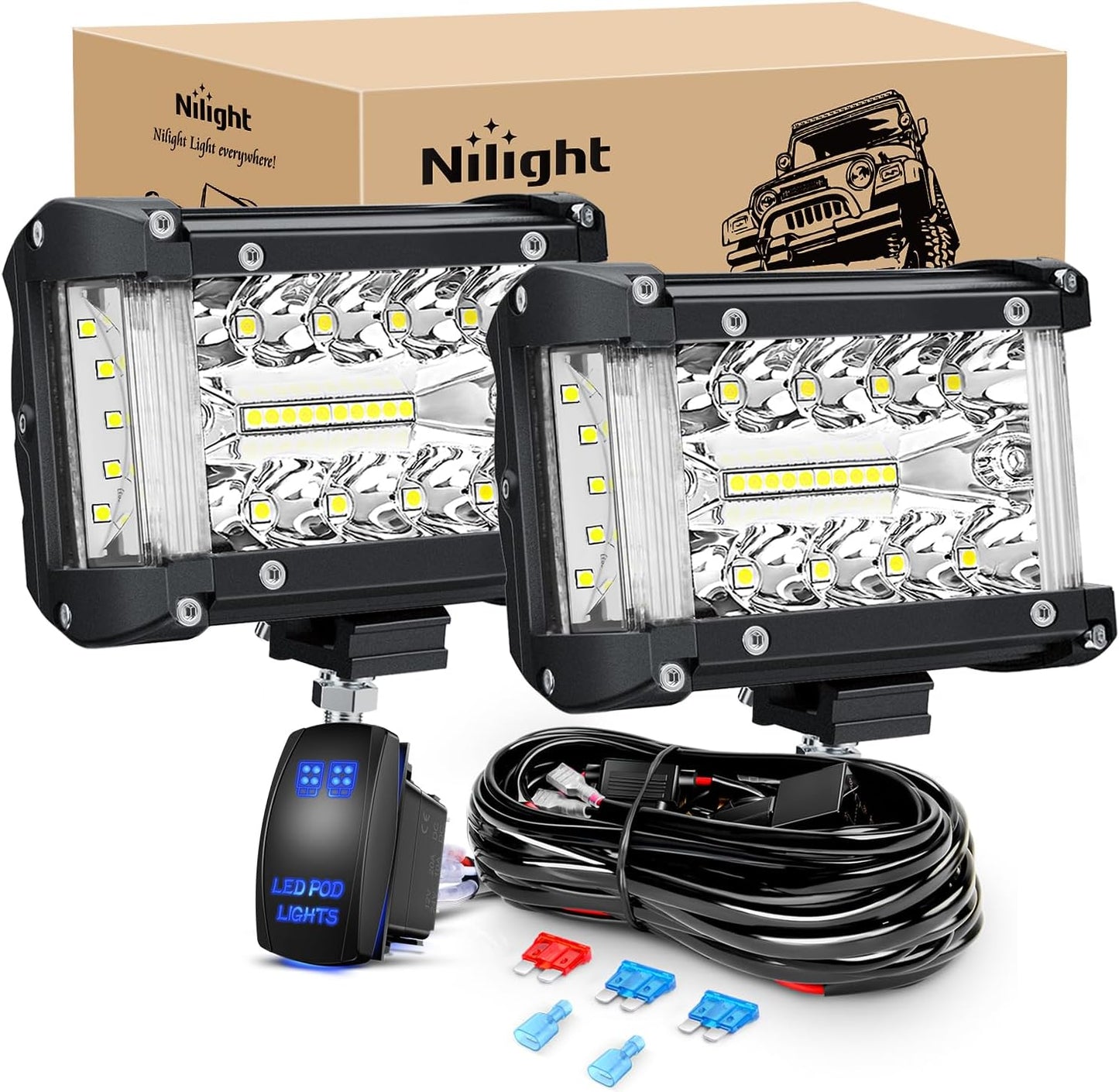 Nilight 4-Inch Marine LED Light Pods - 2PCS White Spot Flood Combo for Boats, Yachts, and Night Fishing