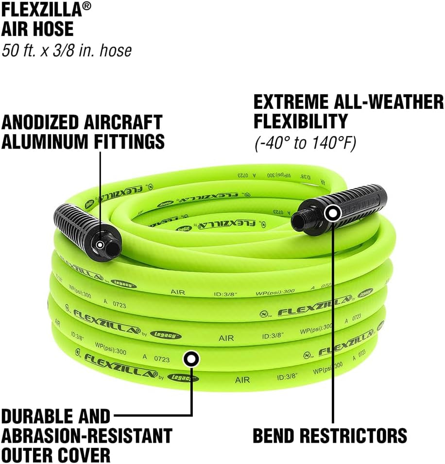 Flexzilla 3/8" x 50' Heavy Duty Lightweight Hybrid Air Hose with 1/4" MNPT Fittings - Zillagreen