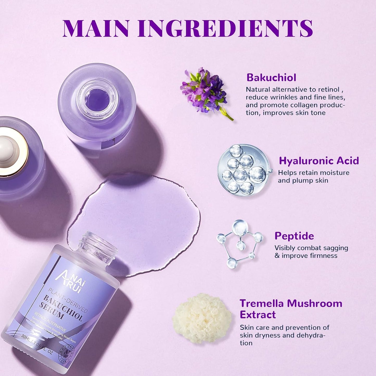 ANAI RUI Bakuchiol Face Serum - Anti-Aging & Wrinkle Solution with Hyaluronic Acid & Peptides for Sensitive Skin, 1 Fl. Oz