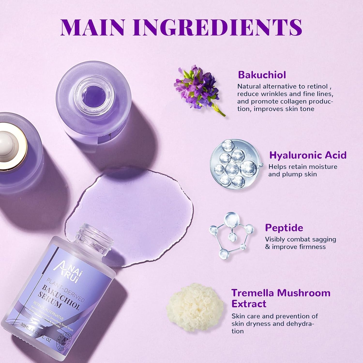 ANAI RUI Bakuchiol Face Serum - Anti-Aging & Wrinkle Solution with Hyaluronic Acid & Peptides for Sensitive Skin, 1 Fl. Oz
