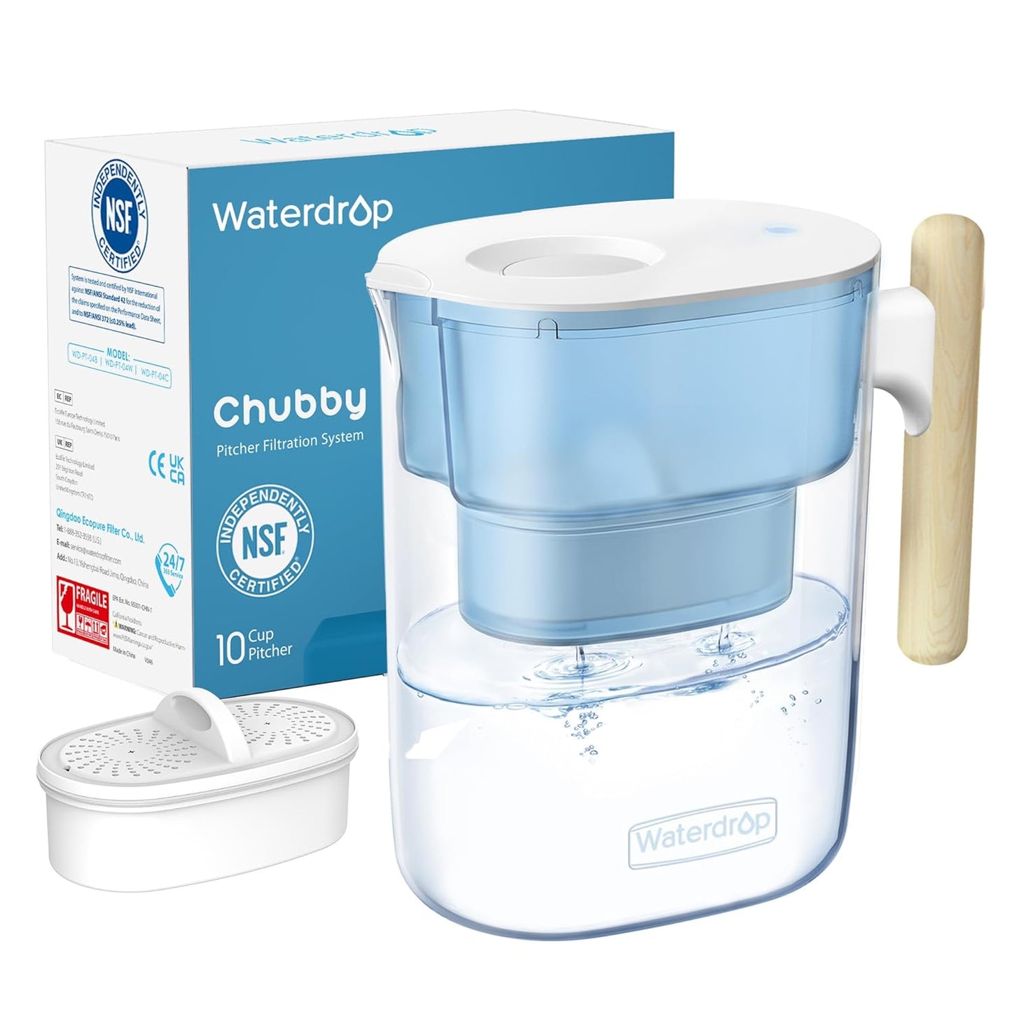 Waterdrop 10-Cup Water Filter Pitcher - Long-Life 200-Gallon Filter, NSF Certified, Reduces PFOA/PFOS, BPA Free