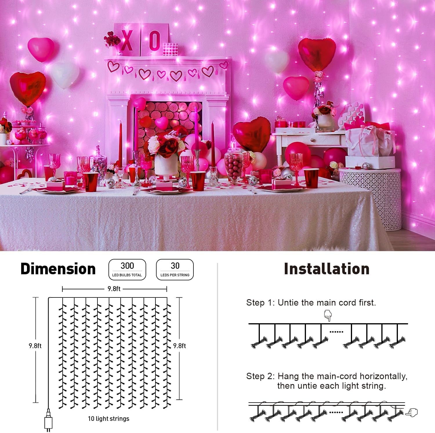 Enchanting JMEXSUSS 300 LED Pink Curtain Lights with Remote - 9.8x9.8FT Indoor String Lights for Bedroom, Party, and Holiday Decor - 8 Modes for Christmas and Valentine's Day Magic