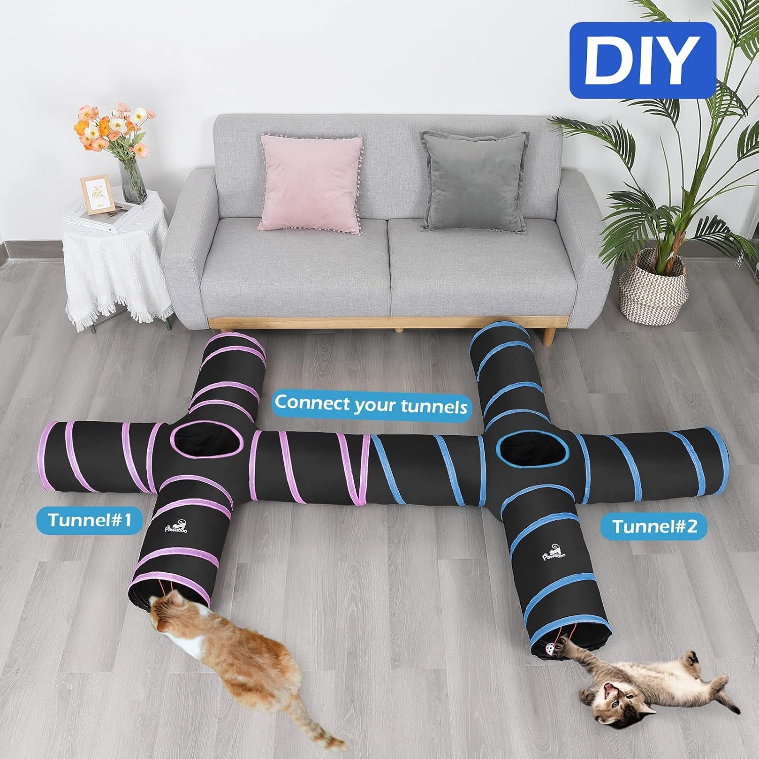 PAWABOO 4-Way Cat Tunnel - Premium Collapsible Play Maze with Pompons & Bells for Cats, Kittens, and Small Pets - Stylish Black & Light Blue Design