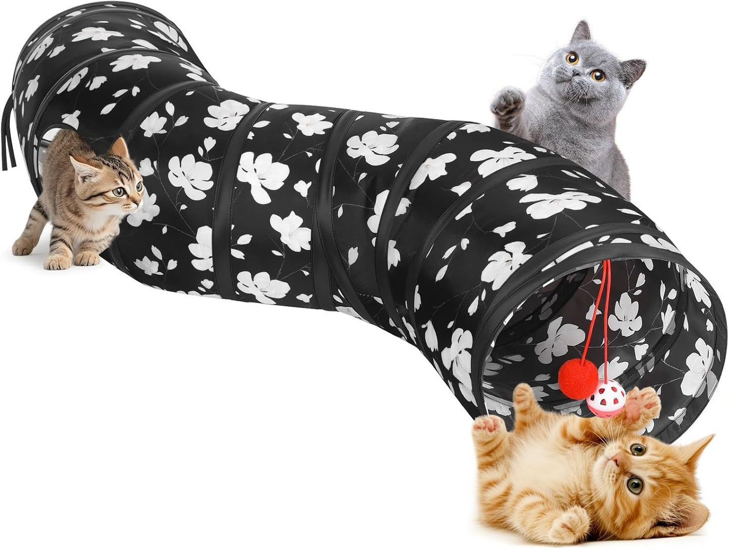 PAWABOO 4-Way Cat Tunnel - Premium Collapsible Play Maze with Pompons & Bells for Cats, Kittens, and Small Pets - Stylish Black & Light Blue Design
