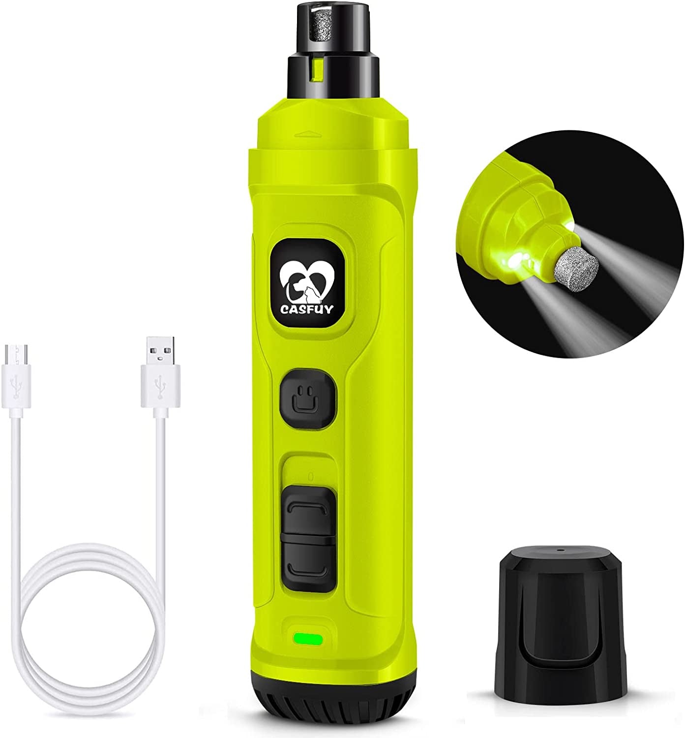 Casfuy 2-Speed Electric Dog Nail Grinder with LED Light - Professional & Quiet Pet Nail Trimmer for All Sizes of Dogs and Cats (Grey)