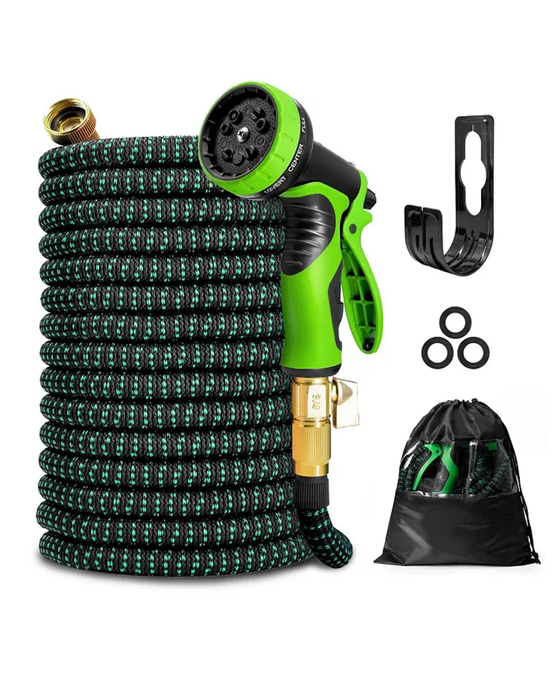 25' Expandable Water Garden Hose: 10 Spray Nozzles, Solid Brass Connector, Leak-Proof Design