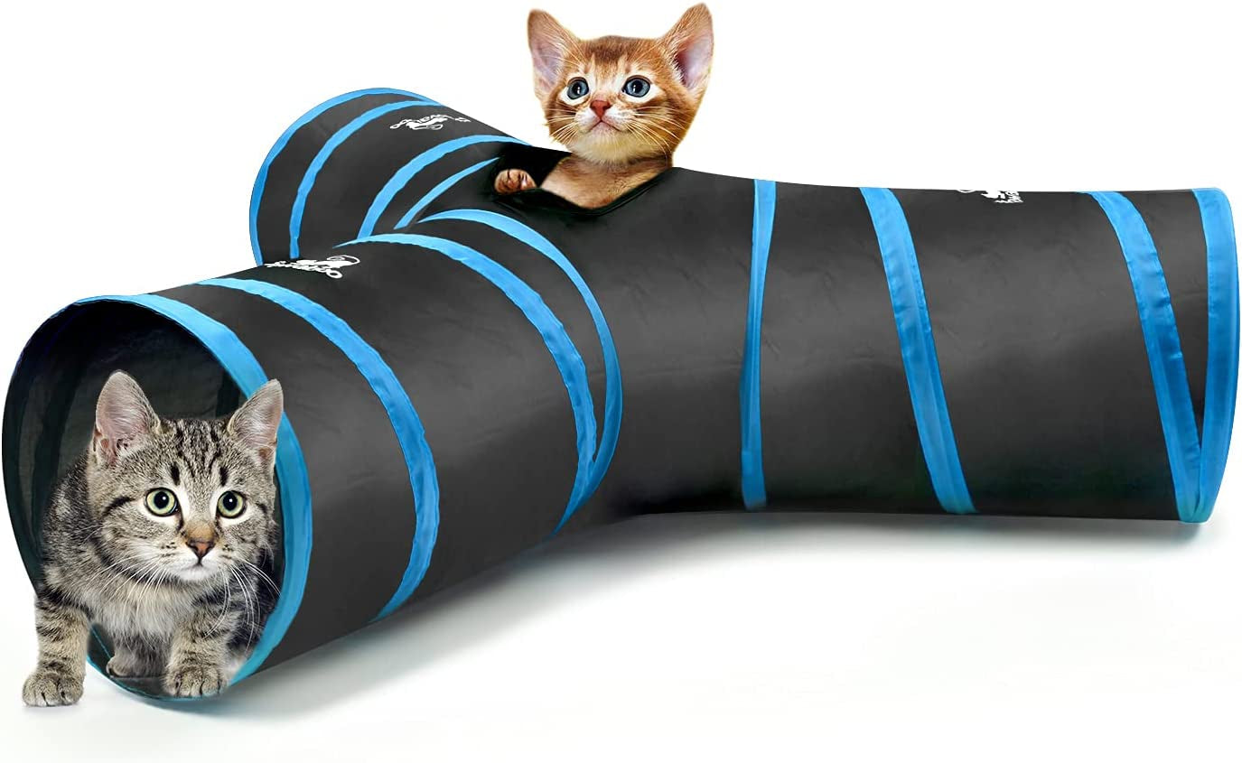 PAWABOO 4-Way Cat Tunnel - Premium Collapsible Play Maze with Pompons & Bells for Cats, Kittens, and Small Pets - Stylish Black & Light Blue Design