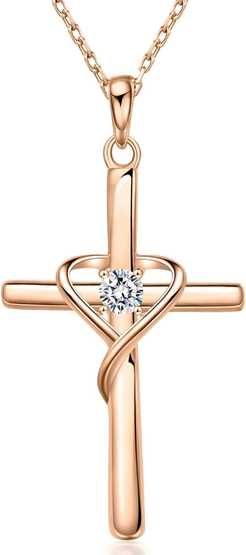 Amoraime 925 Sterling Silver Cross Necklace - 14K Gold Plated Birthstone & 5A CZ Rose Gold Jewelry for Easter & Christmas Gifts for Him & Her