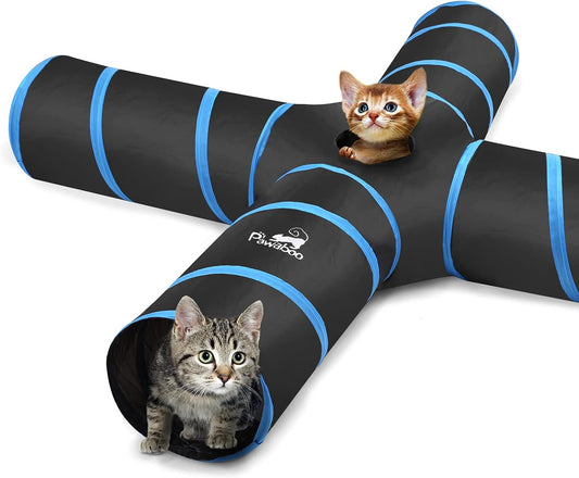 PAWABOO 4-Way Cat Tunnel - Premium Collapsible Play Maze with Pompons & Bells for Cats, Kittens, and Small Pets - Stylish Black & Light Blue Design