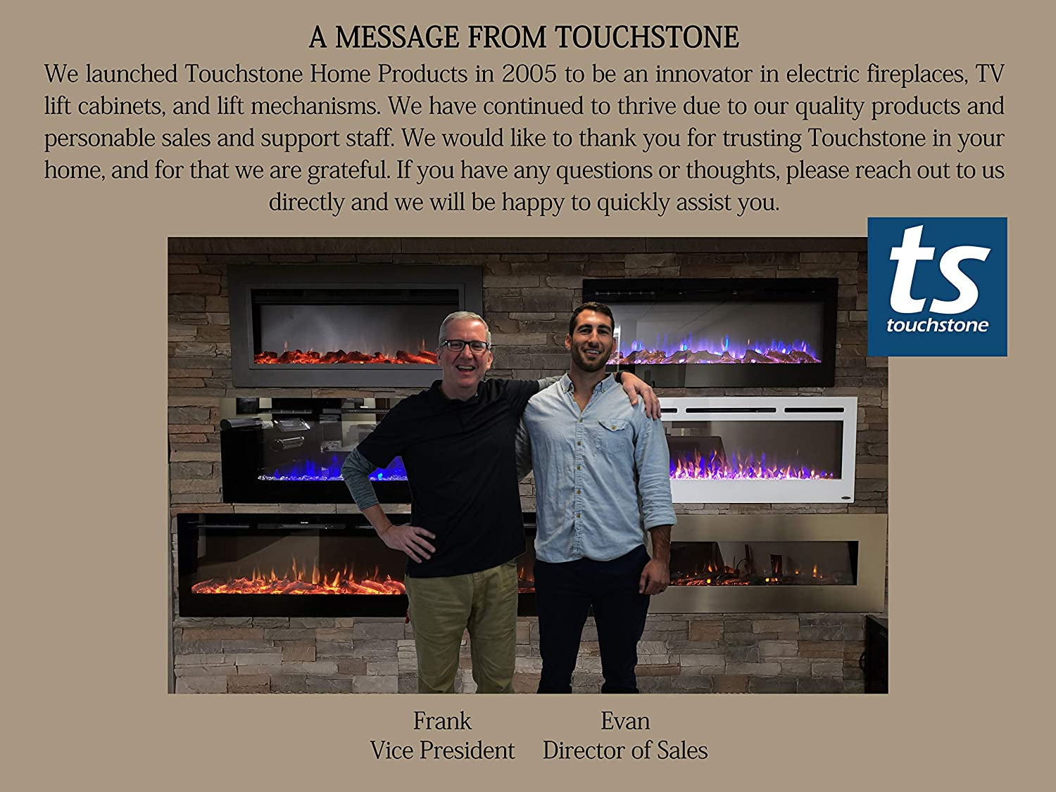 Touchstone Sideline 36" Smart Electric Fireplace - WiFi & Alexa Enabled with 30 Ember/Flame Colors, 1,500W Heater, and Customizable Log & Crystal Hearth Options