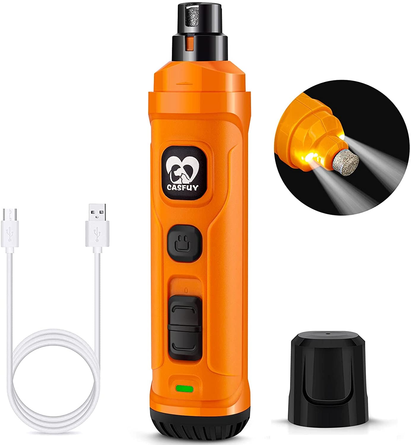 Casfuy 2-Speed Electric Dog Nail Grinder with LED Light - Professional & Quiet Pet Nail Trimmer for All Sizes of Dogs and Cats (Grey)