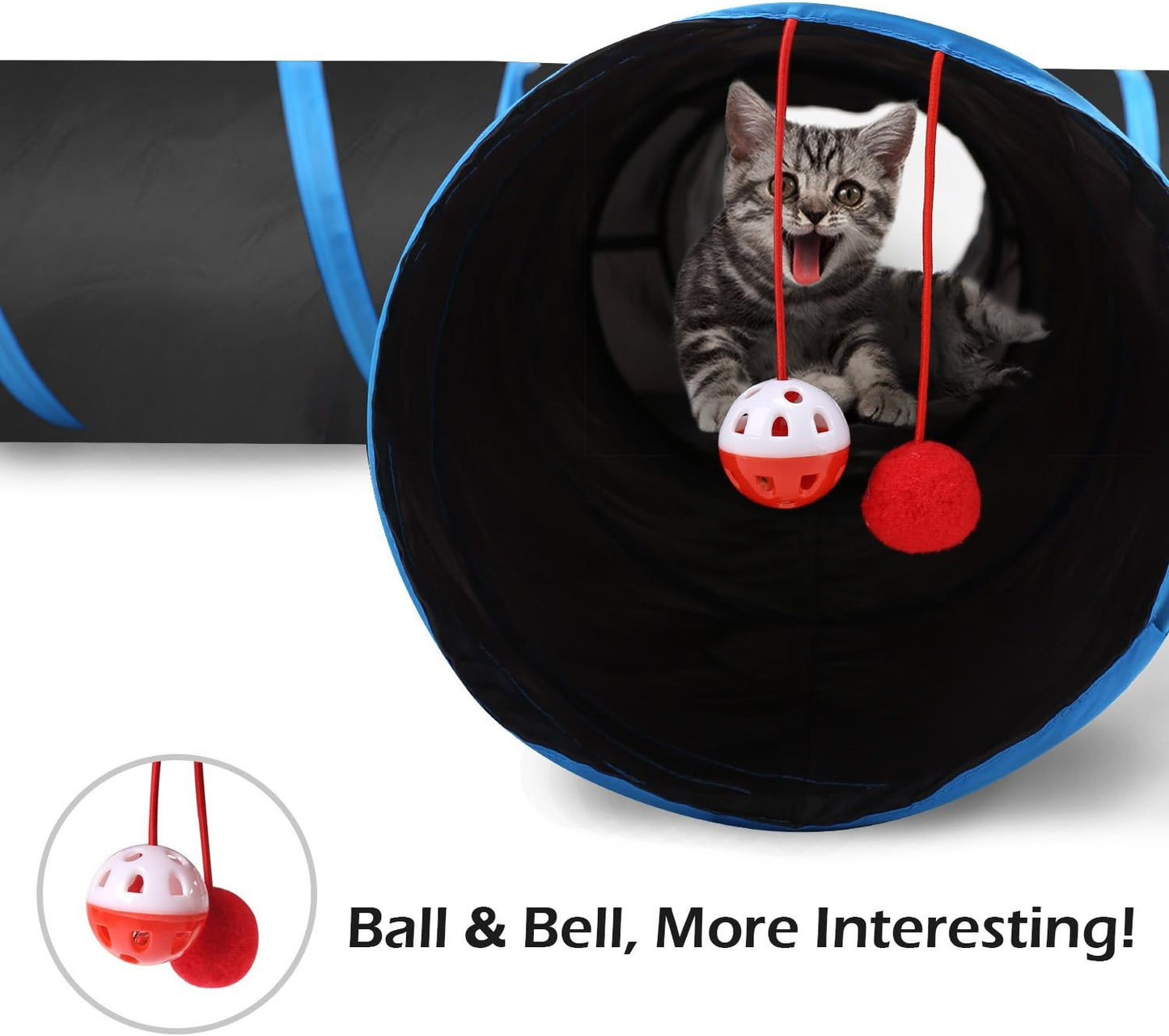 PAWABOO 4-Way Cat Tunnel - Premium Collapsible Play Maze with Pompons & Bells for Cats, Kittens, and Small Pets - Stylish Black & Light Blue Design