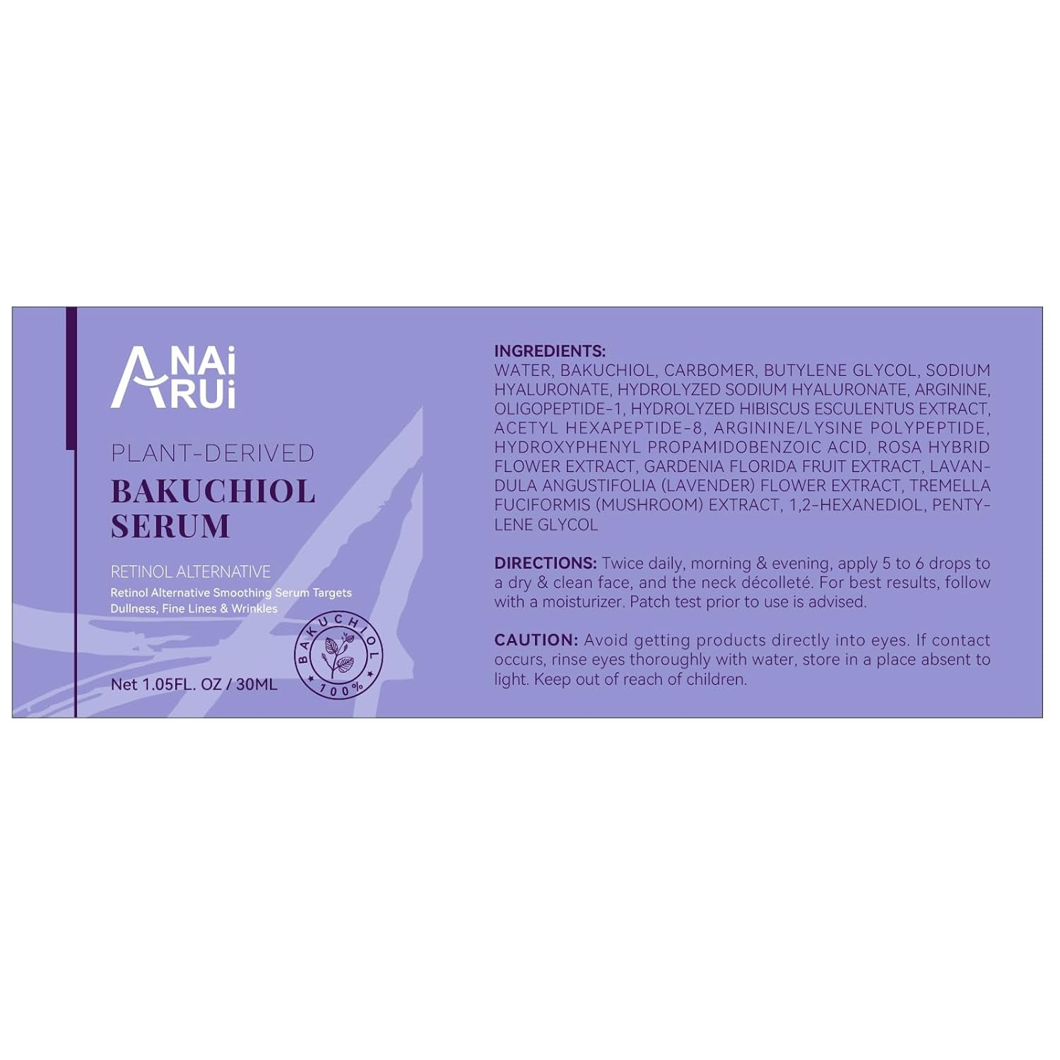 ANAI RUI Bakuchiol Face Serum - Anti-Aging & Wrinkle Solution with Hyaluronic Acid & Peptides for Sensitive Skin, 1 Fl. Oz