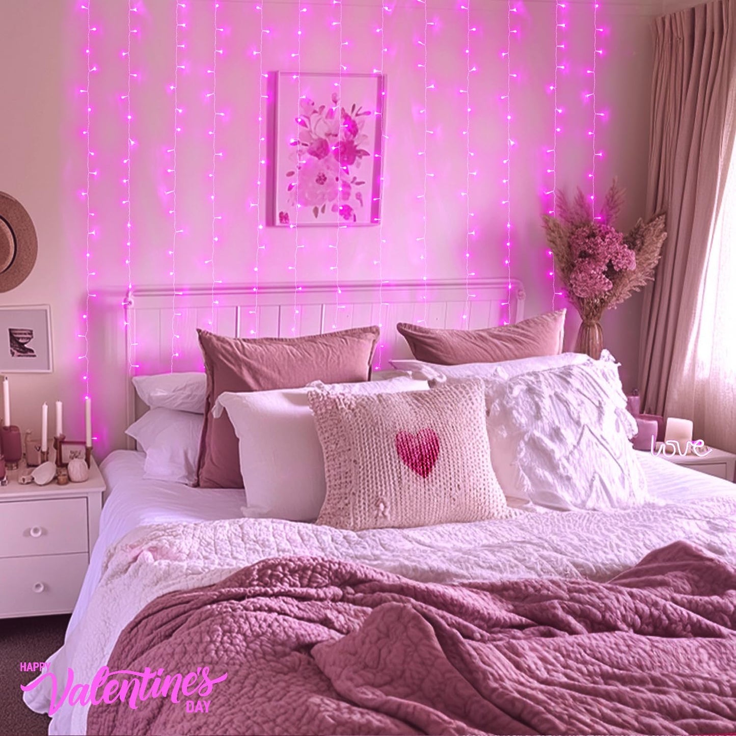 Enchanting JMEXSUSS 300 LED Pink Curtain Lights with Remote - 9.8x9.8FT Indoor String Lights for Bedroom, Party, and Holiday Decor - 8 Modes for Christmas and Valentine's Day Magic