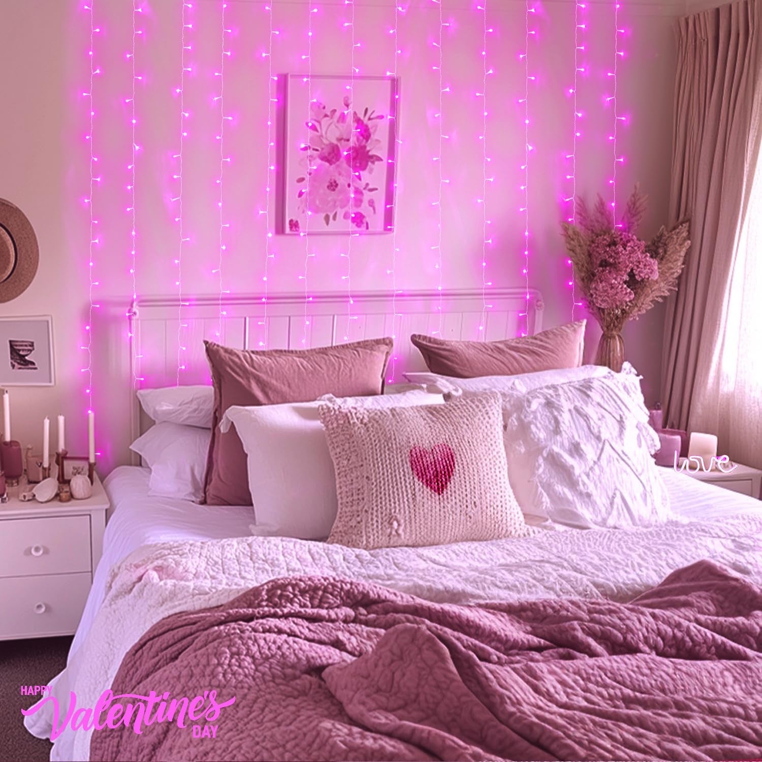 Enchanting JMEXSUSS 300 LED Pink Curtain Lights with Remote - 9.8x9.8FT Indoor String Lights for Bedroom, Party, and Holiday Decor - 8 Modes for Christmas and Valentine's Day Magic
