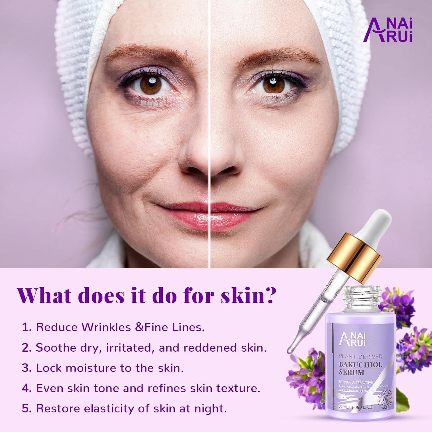 ANAI RUI Bakuchiol Face Serum - Anti-Aging & Wrinkle Solution with Hyaluronic Acid & Peptides for Sensitive Skin, 1 Fl. Oz