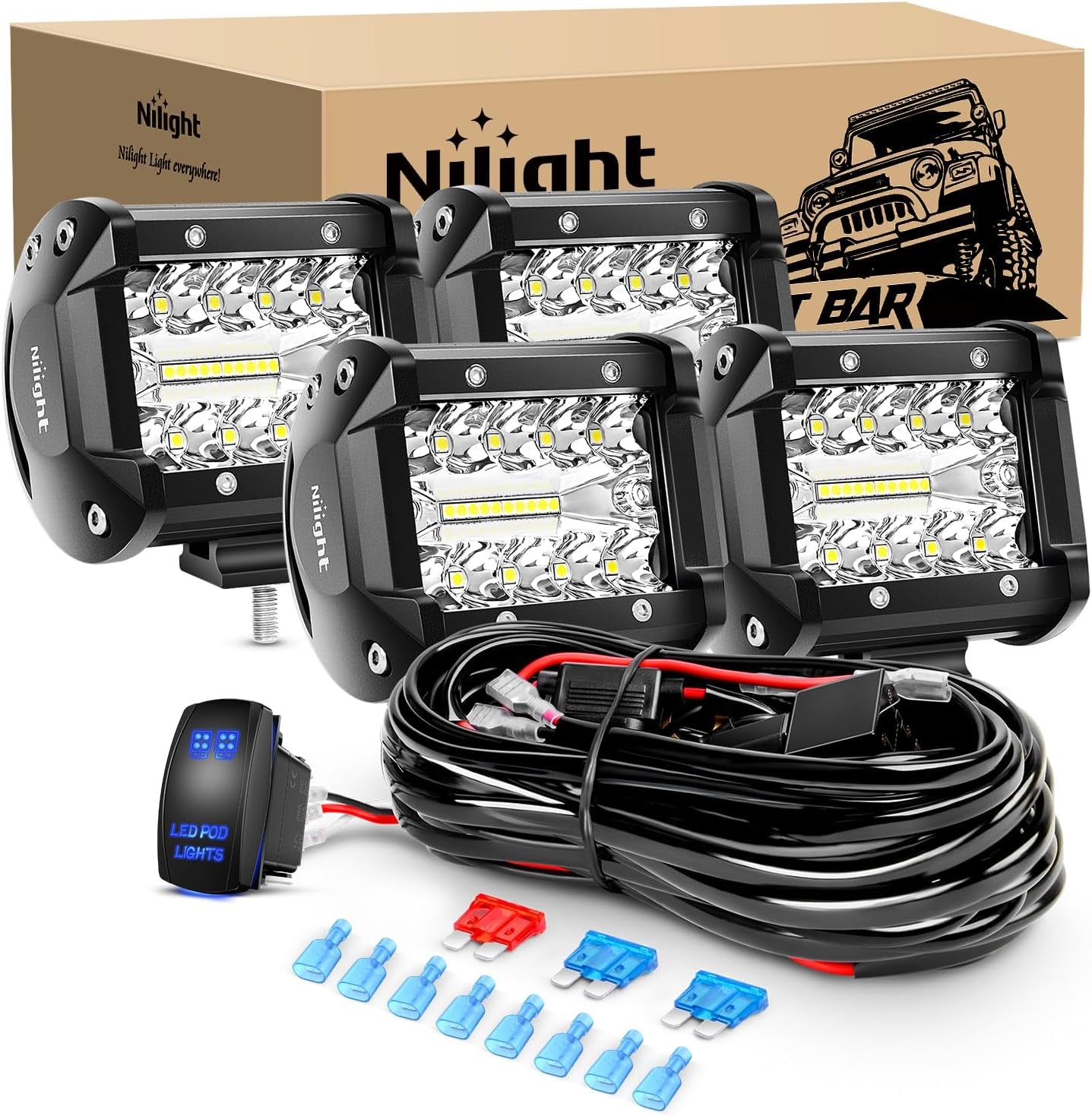 Nilight 4-Inch Marine LED Light Pods - 2PCS White Spot Flood Combo for Boats, Yachts, and Night Fishing