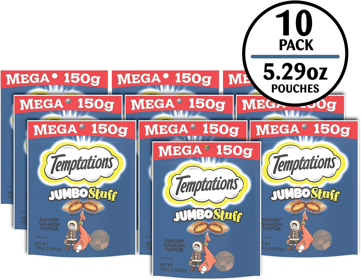 Temptations Jumbo Stuff Cat Treats - Savory Salmon Flavor, 5.3 Oz Pouch (Pack of 10) - Irresistibly Crunchy & Soft!