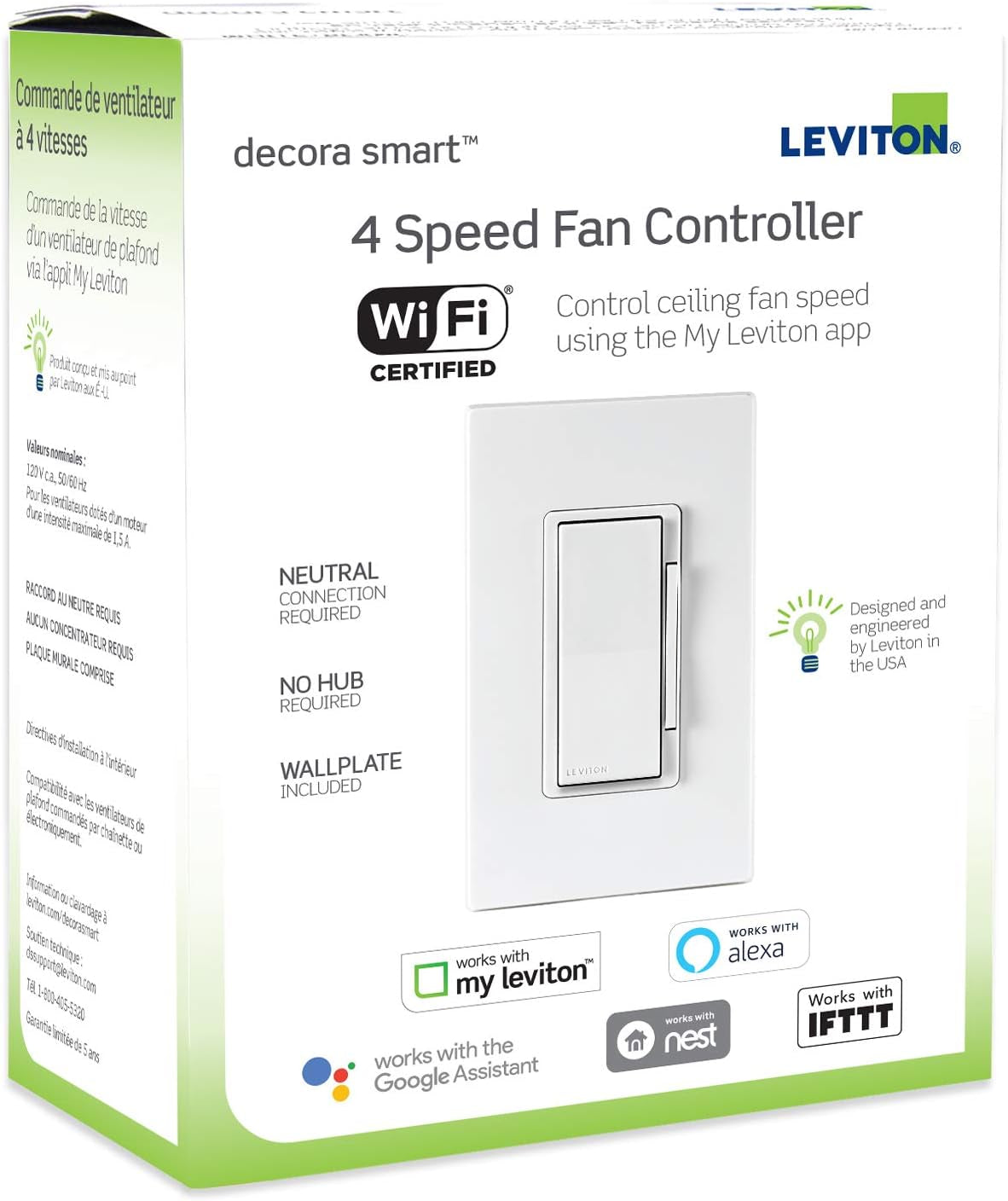 Leviton Decora Smart Wi-Fi Fan Speed Controller - Control Your Comfort with Ease, White