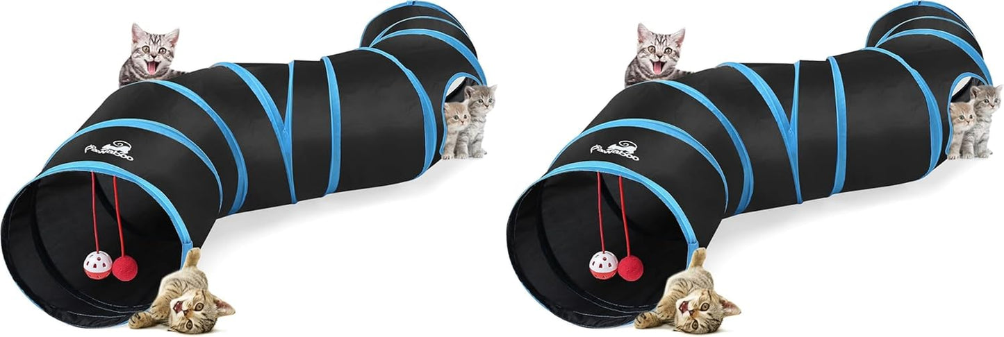 PAWABOO 4-Way Cat Tunnel - Premium Collapsible Play Maze with Pompons & Bells for Cats, Kittens, and Small Pets - Stylish Black & Light Blue Design