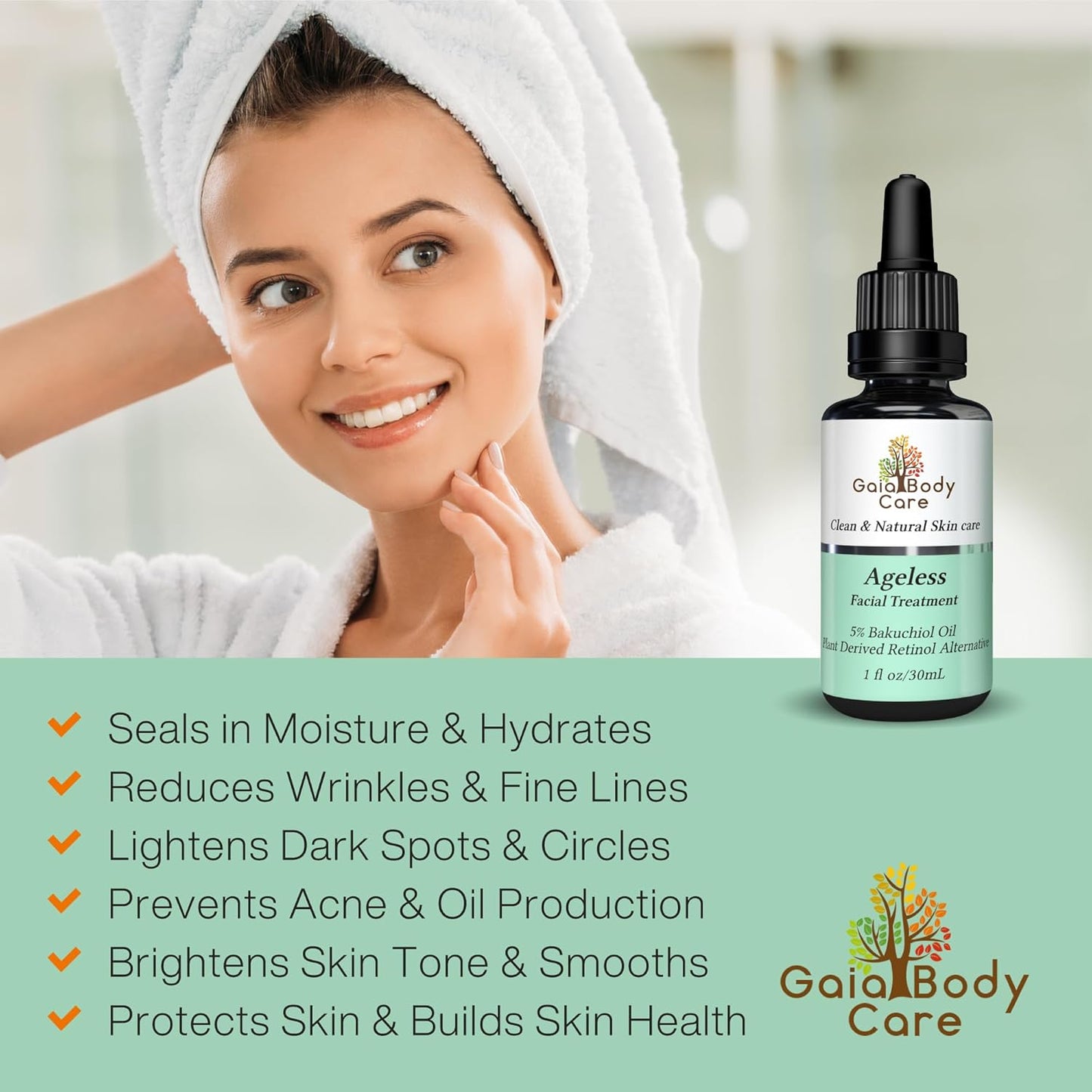 Gaia Body Care Organic Bakuchiol Oil - Anti-Aging, Anti-Wrinkle Facial Oil for Smooth, Hydrated Skin - Natural Vegan Retinol Alternative (1Oz, Rose)