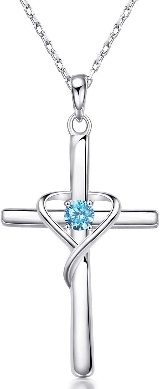 Amoraime 925 Sterling Silver Cross Necklace - 14K Gold Plated Birthstone & 5A CZ Rose Gold Jewelry for Easter & Christmas Gifts for Him & Her