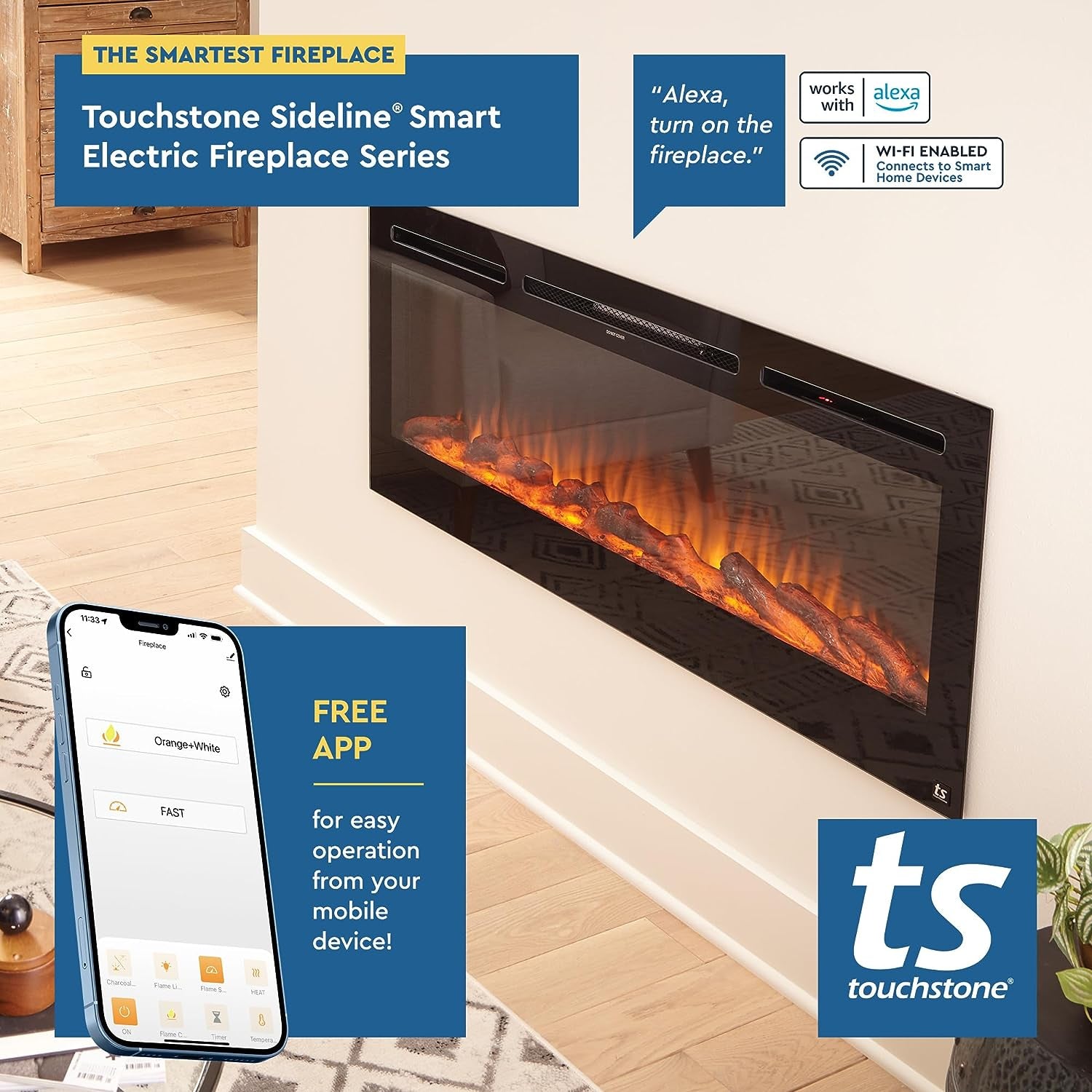 Touchstone Sideline 36" Smart Electric Fireplace - WiFi & Alexa Enabled with 30 Ember/Flame Colors, 1,500W Heater, and Customizable Log & Crystal Hearth Options